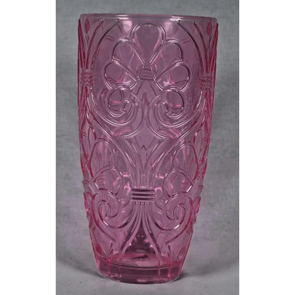 Sweet Heart Medley Pink Pressed Glass Vase Heavy Embossed Flowers 8.5